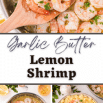 Cooked shrimp in a skillet, garnished with fresh parsley.