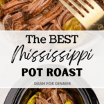 A slow cooker crock filled with shredded pot roast and garnished with peppers.