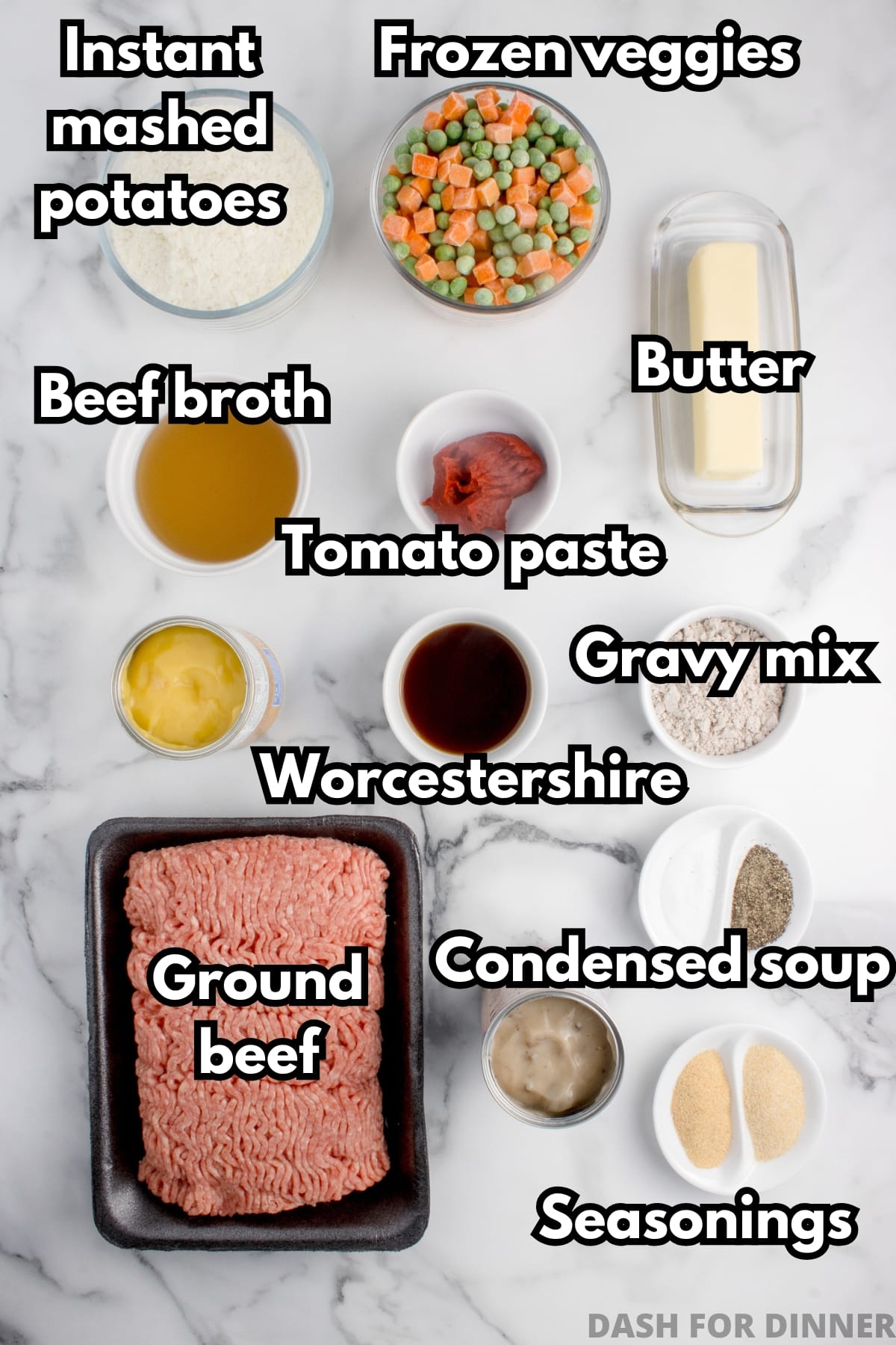 The ingredients needed to make shepherd's pie in a slow cooker, including ground beef, worcestershire sauce, and frozen vegetables.