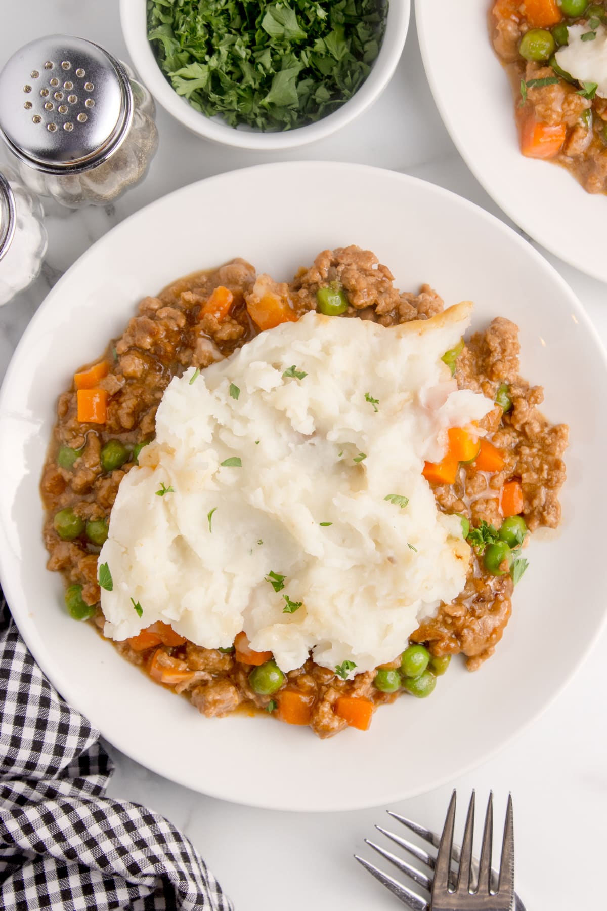A plate filled with shepherd's pie and topped with mashed potatoes.