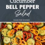 A bowl filled with cucumber and bell pepper salad, topped with sesame seeds.