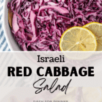 A bowl of red cabbage salad garnished with fresh lemon slices.
