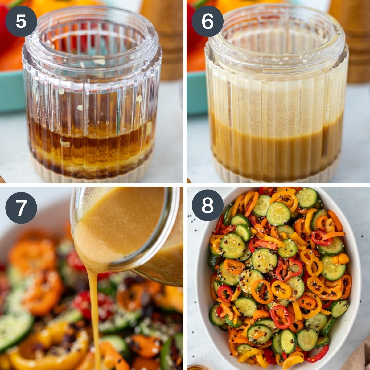 A collage showing a mini blender making salad dressing, then adding it to a salad of bell pepper and cucumber.
