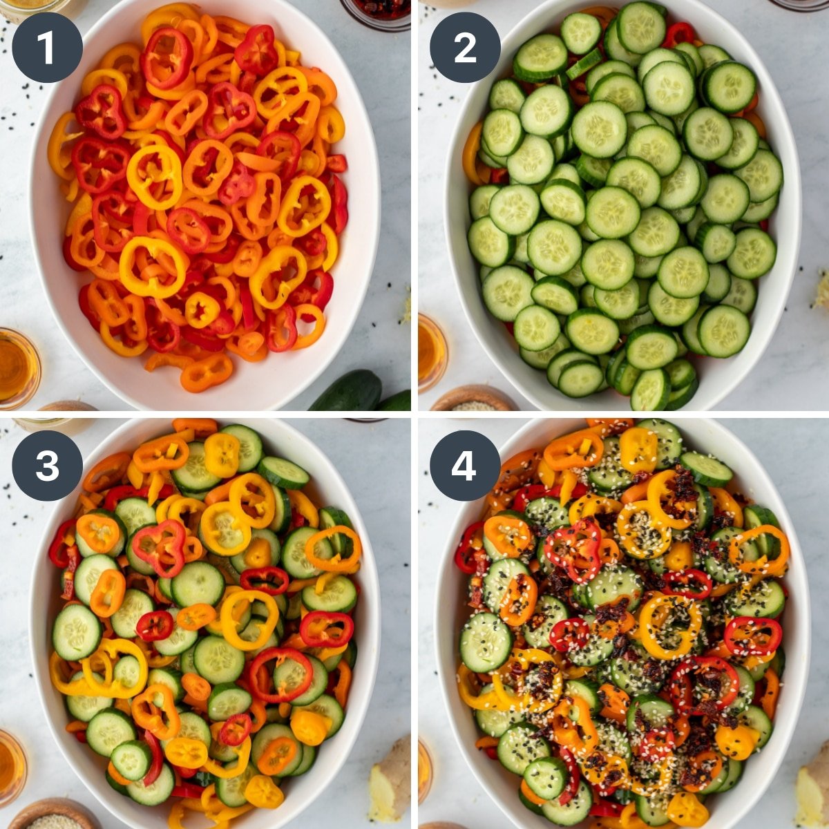 A collage showing a bowl filled with mini bell peppers, then cucumbers, then topped with sesame seeds and chili crisp.