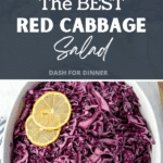 A bowl filled with red cabbage salad and garnished with lemon slices.