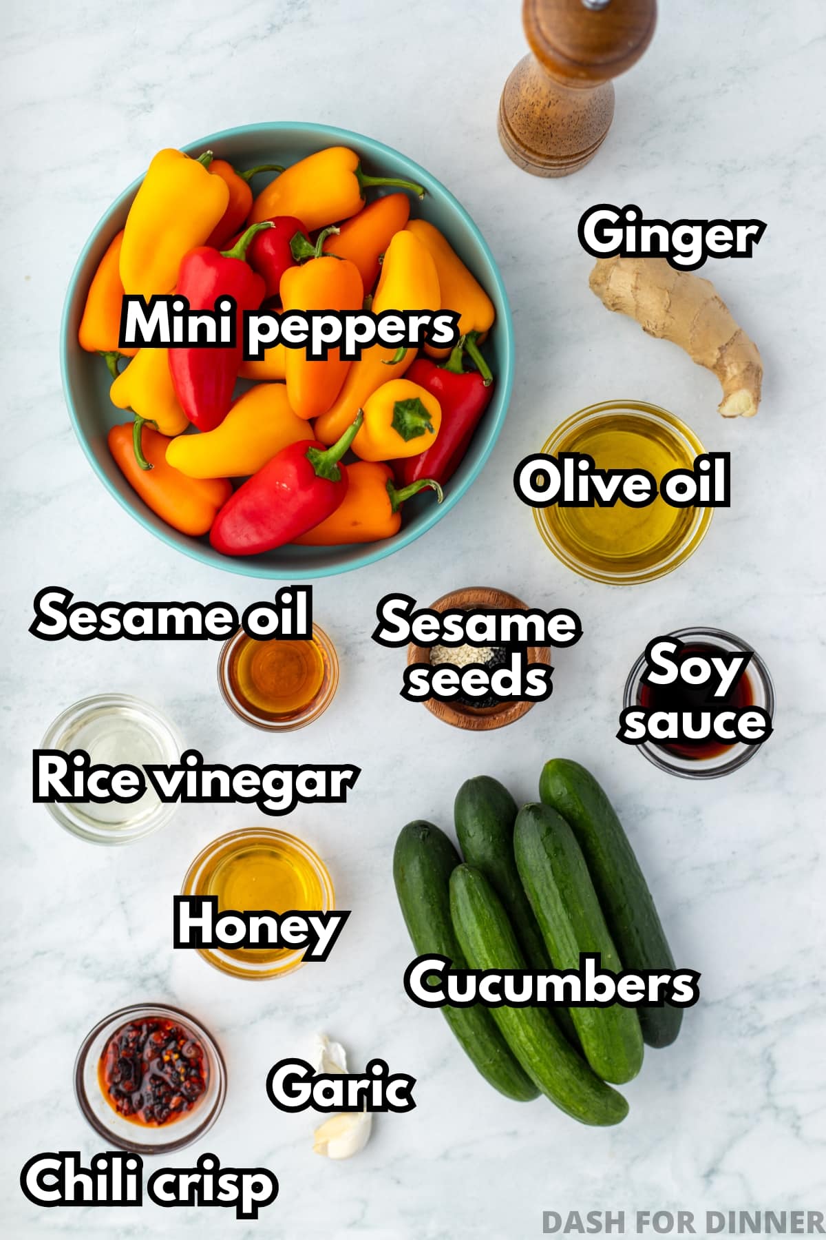 A bowl of mini peppers, mini cucumbers, and the ingredients to make a ginger sesame dressing.