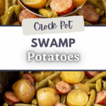 A ladle scooping up potatoes and sausage from a slow cooker.