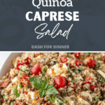 A bowl of quinoa salad featuring fresh basil and cherry tomato.