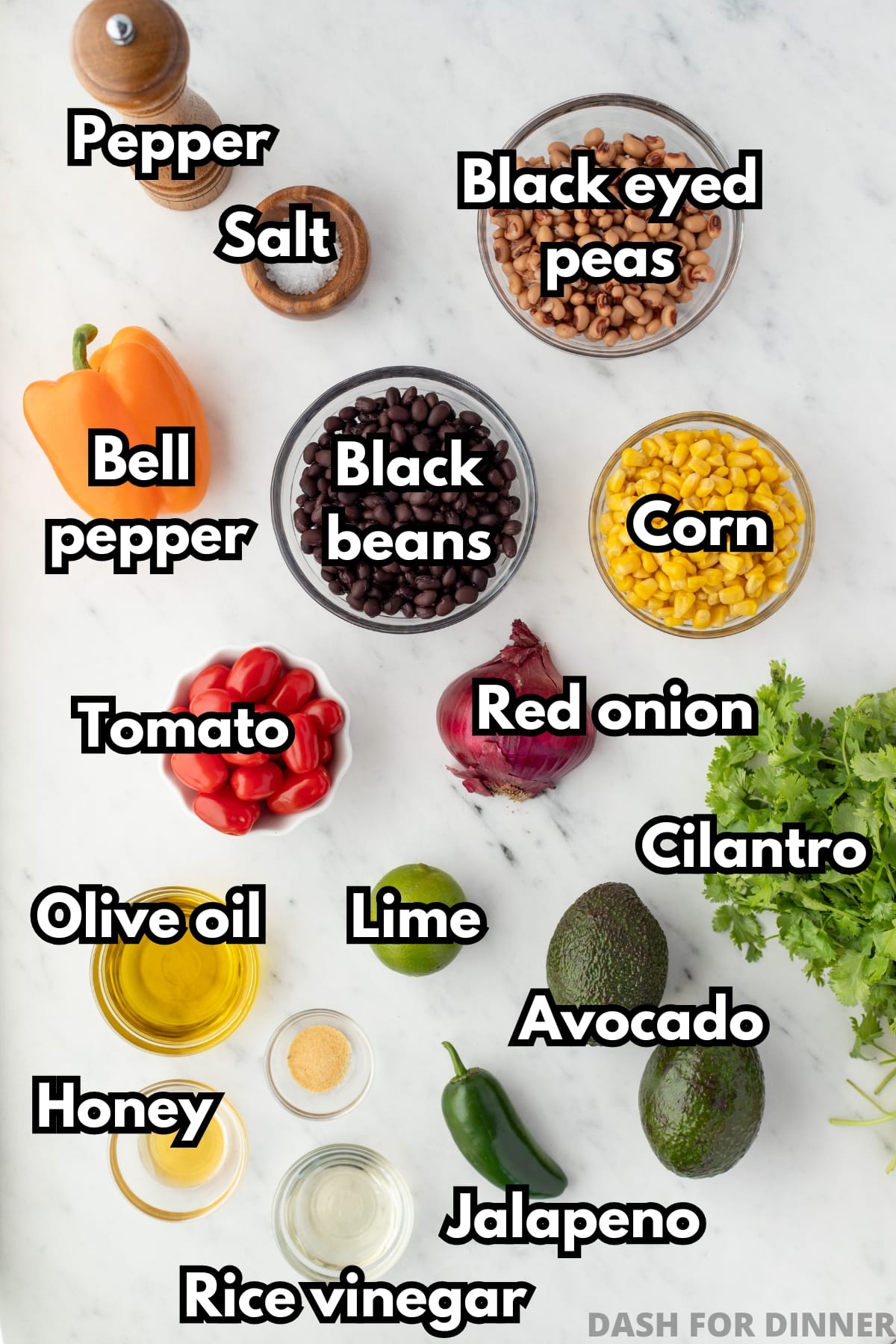 The ingredients needed to make cowboy caviar, including black beans, black eyed peas, corn, and fresh cilantro.