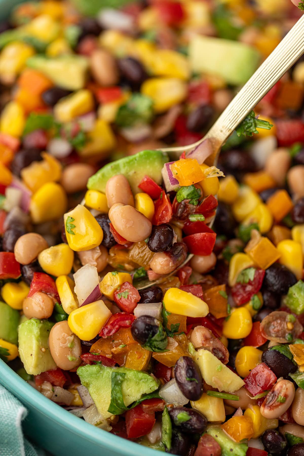 A spoon taking a portion of bean dip (or bean salad) from a bowl.