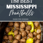 A slow cooker filled with meatballs and pepperoncini peppers.