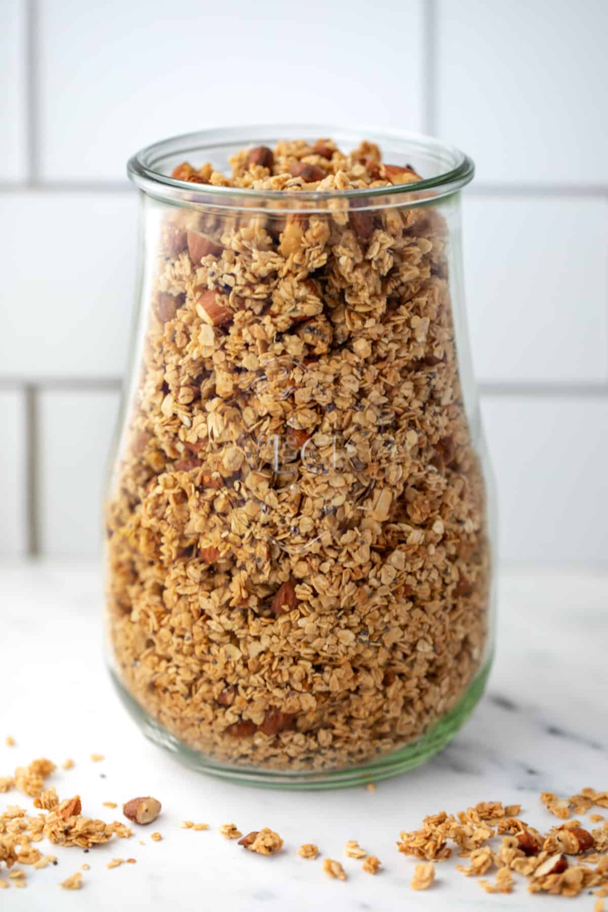 A large Weck jar filled with homemade granola.