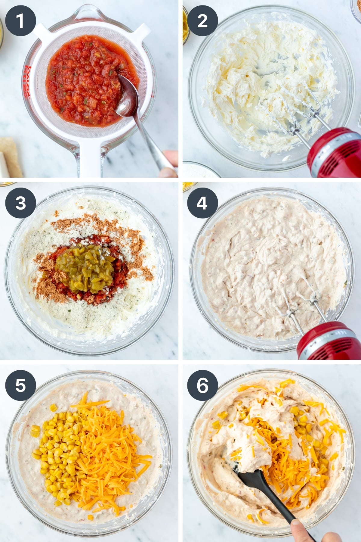 Blending cream cheese in a large bowl, then adding other ingredients like sour cream, seasoning, salsa, and cheese.