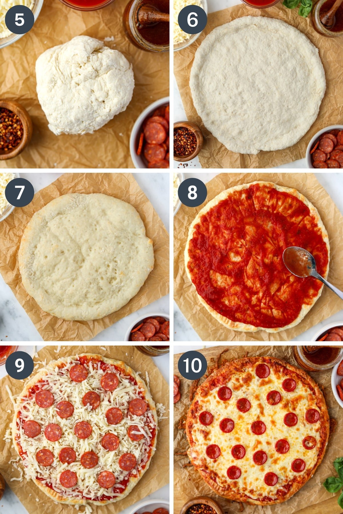 Adding pizza sauce, shredded cheese, and toppings to a round pizza dough circle on a parchment paper.