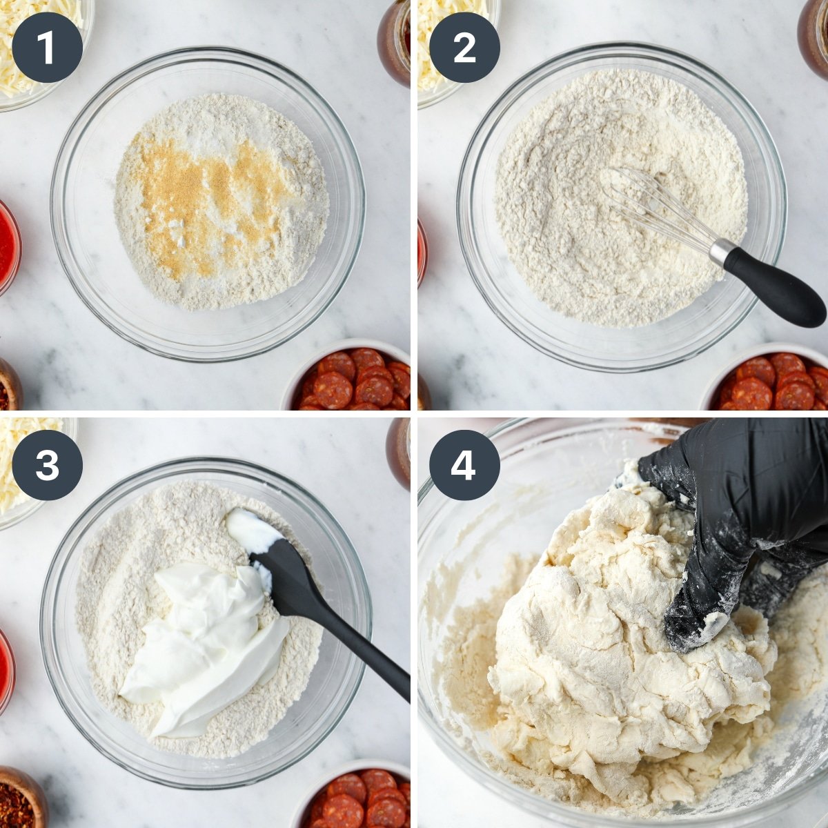 Whisking dry ingredients and adding Greek yogurt to form a dough ball.