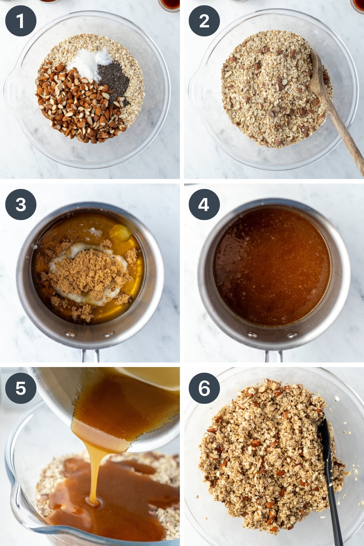 A photo collage showing oats and dry ingredients being mixed, then a warm coconut oil and honey mixture being poured on top and mixed in.