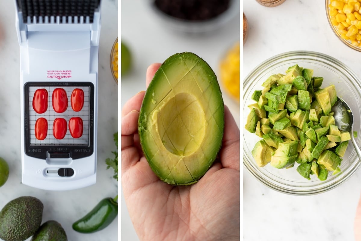 Three frames; one shows tomatoes on a vegetable chopper, another an avocado being sliced diagonally, and a final frame with avocado chunks in a medium bowl.