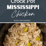 A slow cooker filled with shredded chicken and topped with pepperoncini peppers.