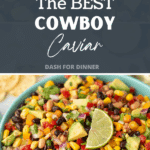 A bowl of bean salad topped with a wedge of lime.