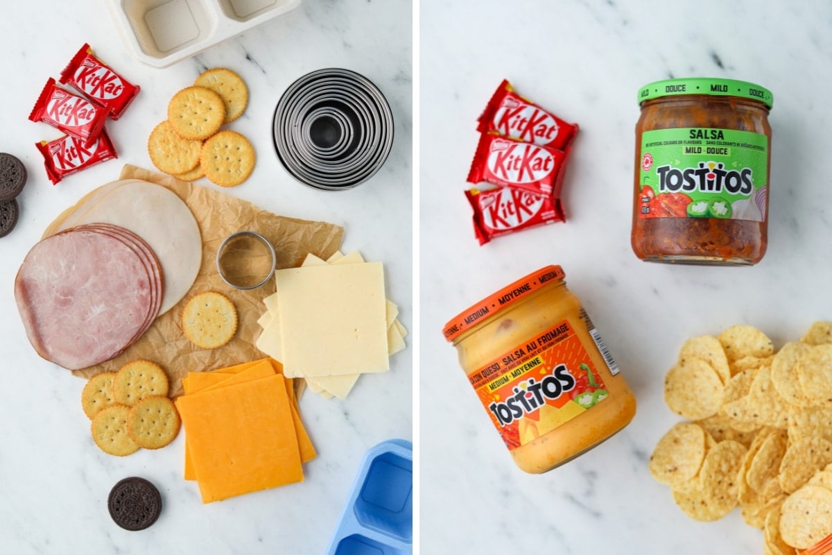 The ingredients needed to make homemade lunchables, including deli meat, cheese, tortilla chips, queso, and salsa.