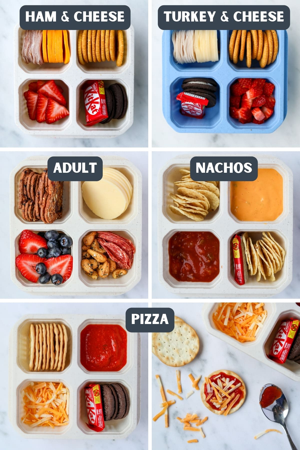 A variety of lunch box ideas, including pizza, nachos, cheese and crackers, etc.