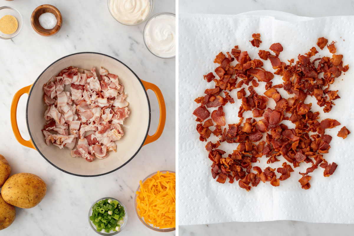 Cooking bacon in a dutch oven, then draining the pieces on a paper towel lined plate.