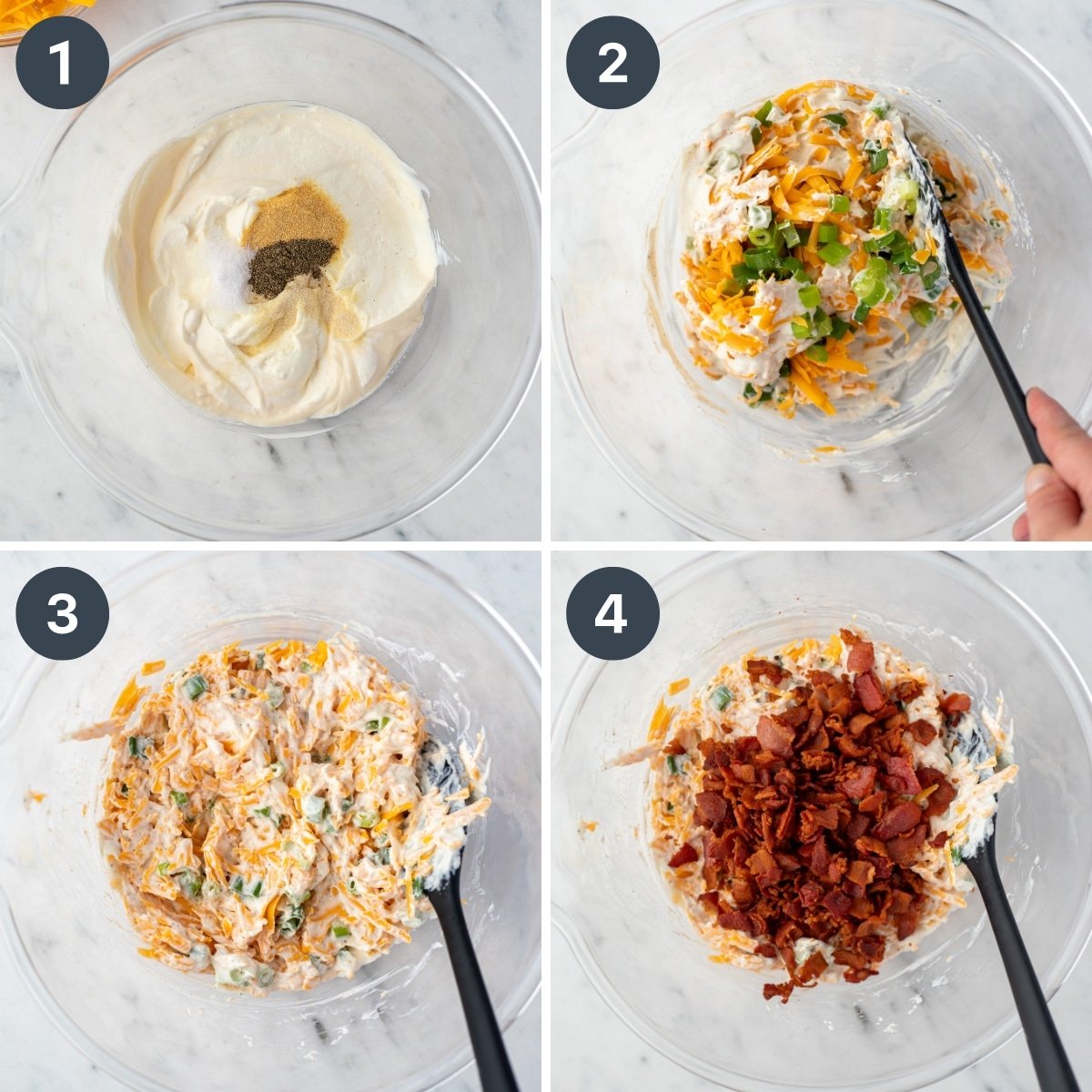 Adding ingredients to a bowl to make a sauce for potatoes. Includes cheese, bacon, sour cream, and mayo.