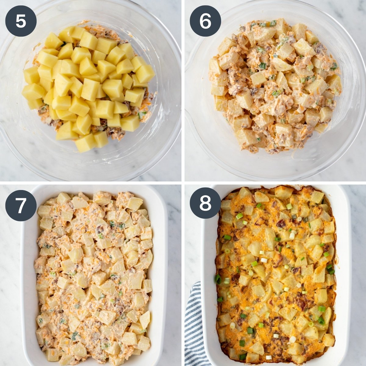 Adding coated potatoes to a baking dish, then baking them until golden brown.