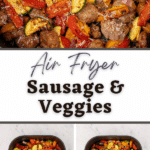 An air fryer basket filled with sausage and veggies, garnished with shredded parmesan cheese.