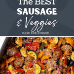 An air fryer basket with vegetables and chicken sausage pieces.