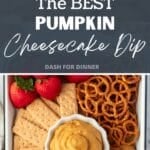 A bowl of pumpkin dip with a graham cracker dipping into it.