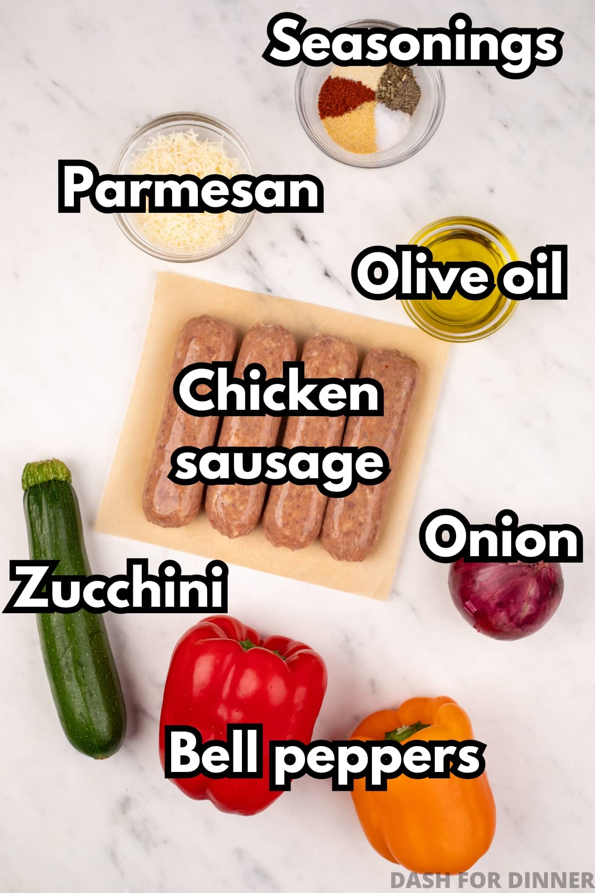 The ingredients needed to make an air fryer meal with chicken sausage and vegetables.