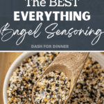 A small spoon taking everything bagel seasoning from a bowl.