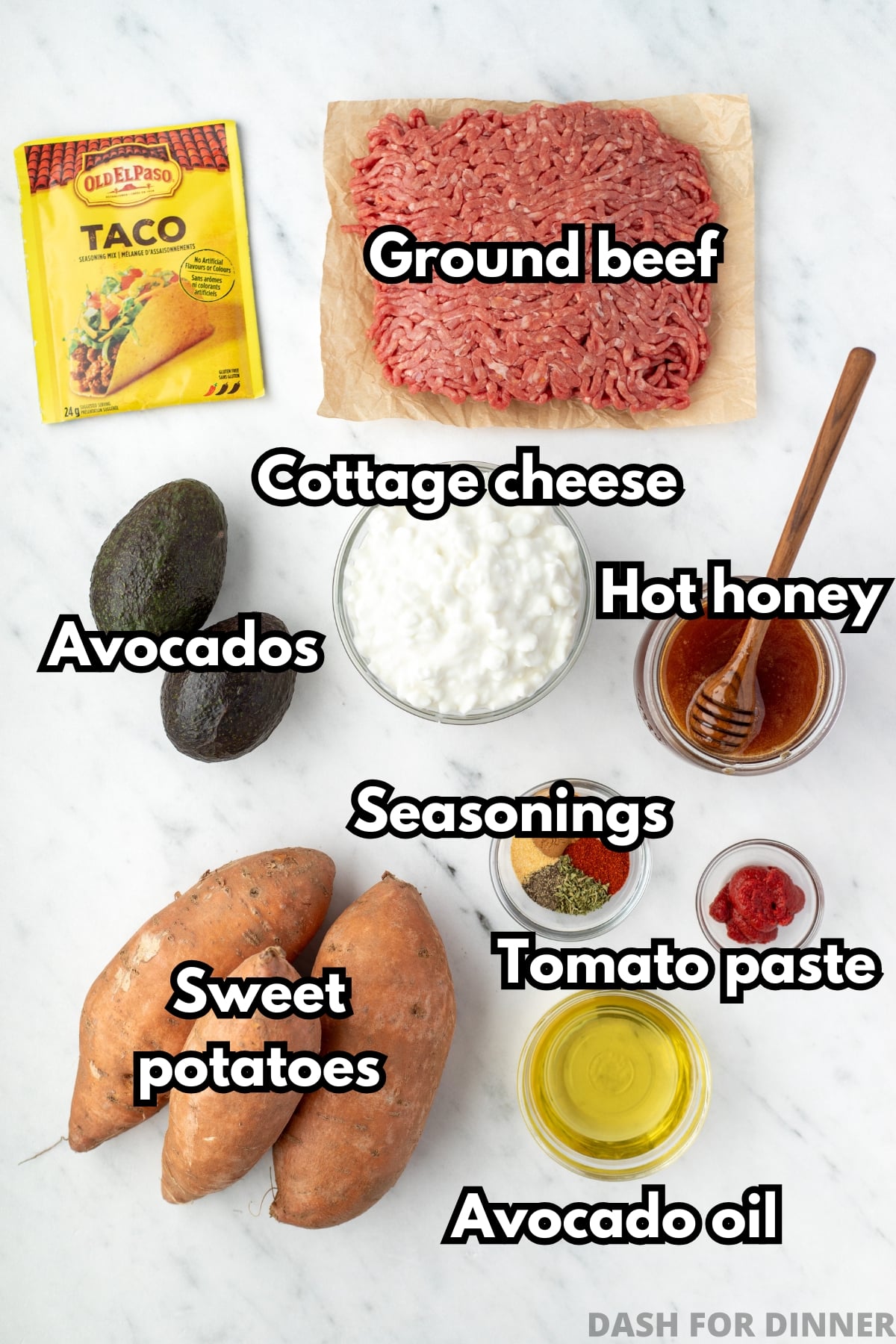 The ingredients needed to make beef bowls, including sweet potatoes, seasoning, hot honey, etc.
