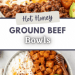 A bowl with sections of ground beef, cottage cheese, sweet potatoes, and sliced avocado.