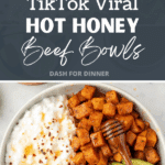 A bowl featuring ground beef, cottage cheese, roasted sweet potato cubes, and hot honey.