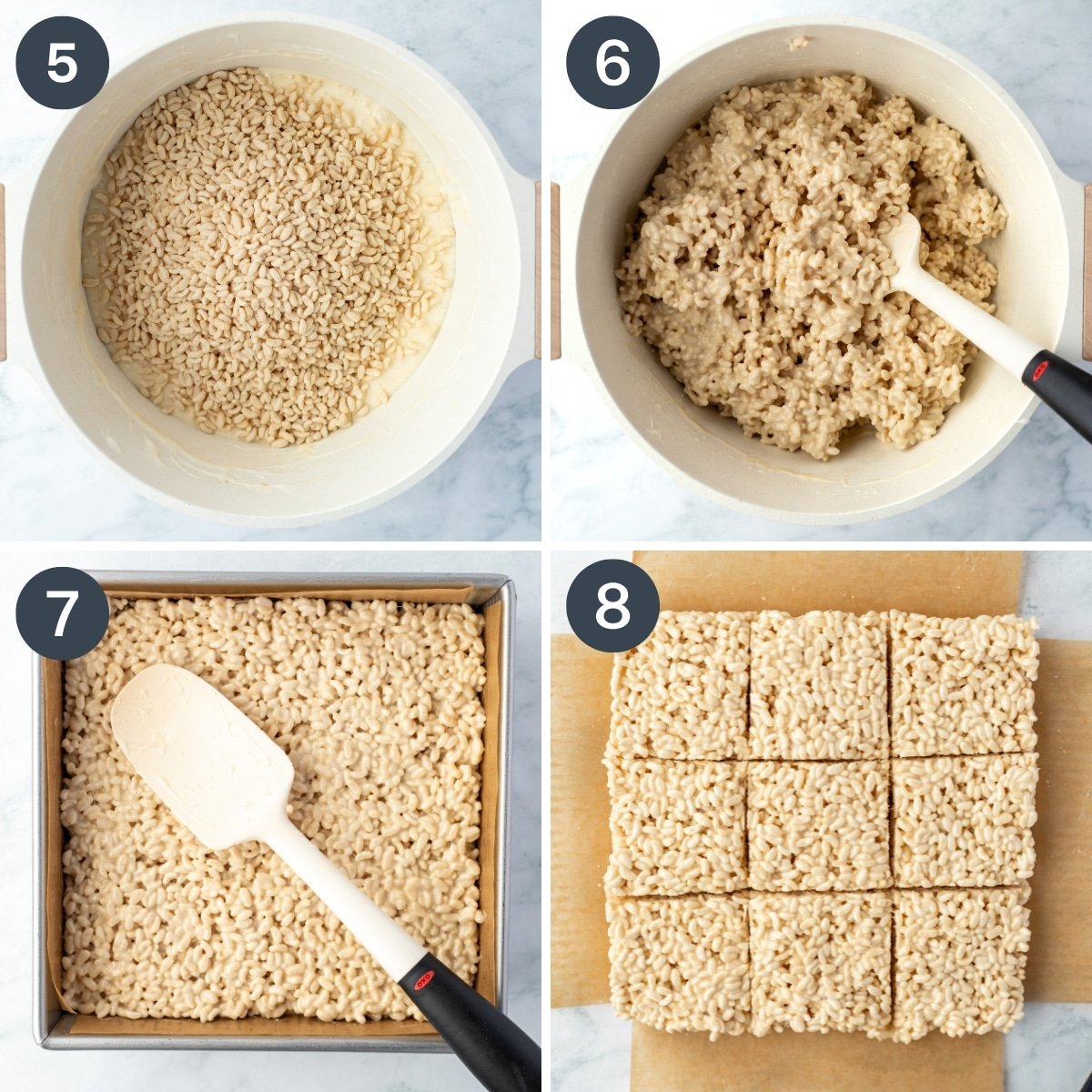 Adding cereal to melted marshmallows, then pressing into a baking pan.