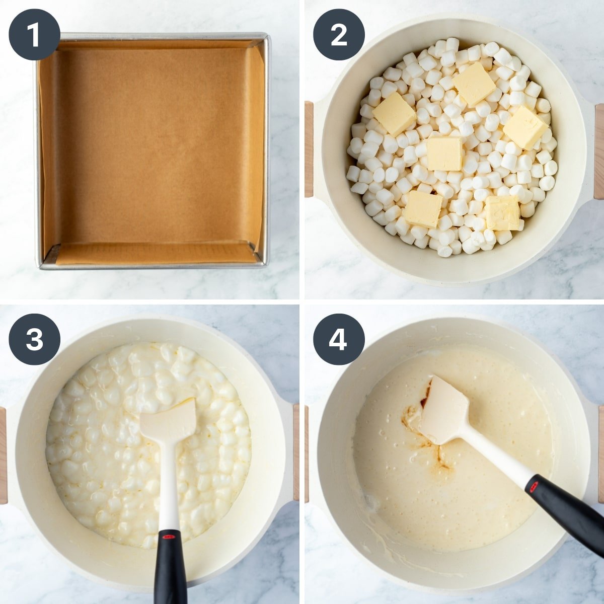 Melting marshmallows and butter together in a saucepan. 