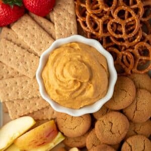 A small bowl of pumpkin dip surrounded by graham crackers, pretzels, ginger snaps, apples, etc.