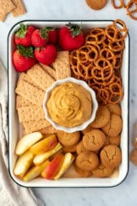 A tray filled with graham crackers, pretzels, apples, etc. with a bowl of pumpkin dip in the center.