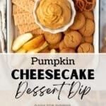 A bowl of pumpkin dip centered on a tray with pretzels, graham crackers, and more.