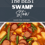 A bowl of hearty soup with potatoes, smoked sausage, and vegetables.