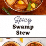 A ladleful of hearty soup with smoked sausage and potatoes.