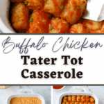 Taking a portion of tater tot casserole from a baking dish using a spatula.