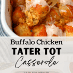 A fork lifting a portion of buffalo chicken tater tot casserole from a baking dish.