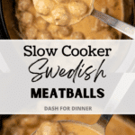 A ladle full of meatballs in a creamy gravy sauce.