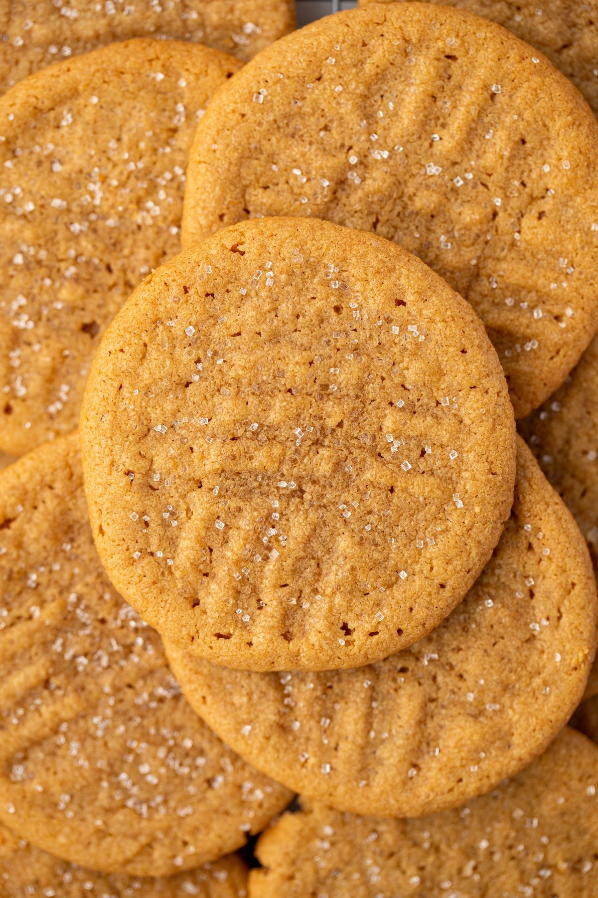 A stack of peanut butter cookies dusted with baking sugar.