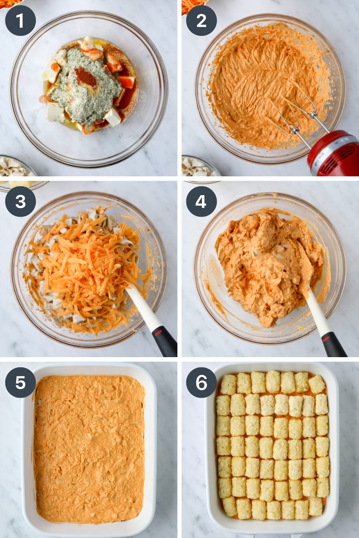 Mixing together cream cheese with buffalo sauce and other ingredients, then assembling in a baking pan with tater tots.