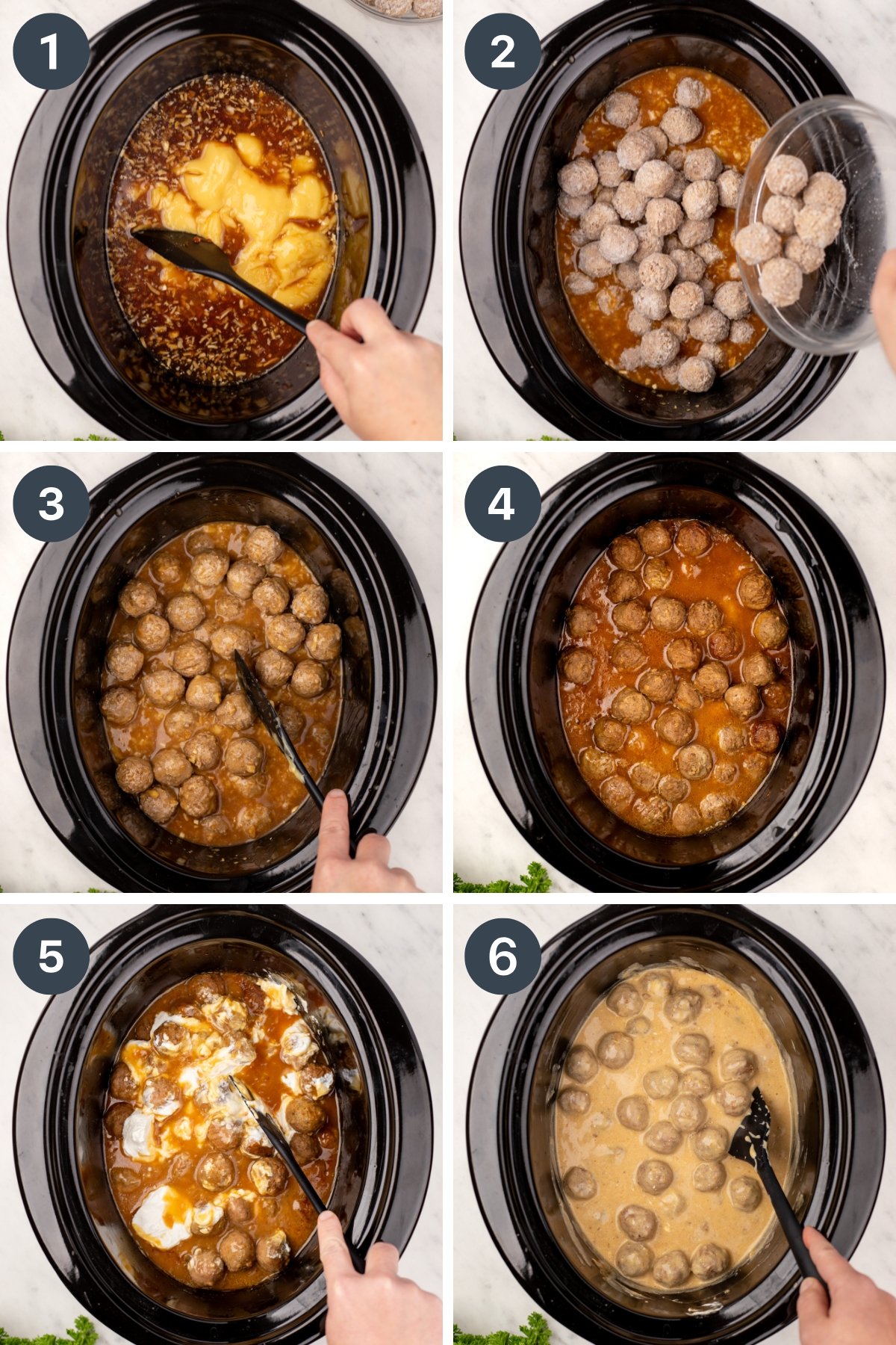 A collage showing a slow cooker with sauce, then adding meatballs, and then finally showing sour cream being mixed into the cooked meatballs.
