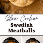 A ladleful of creamy meatballs being lifted from a slow cooker.